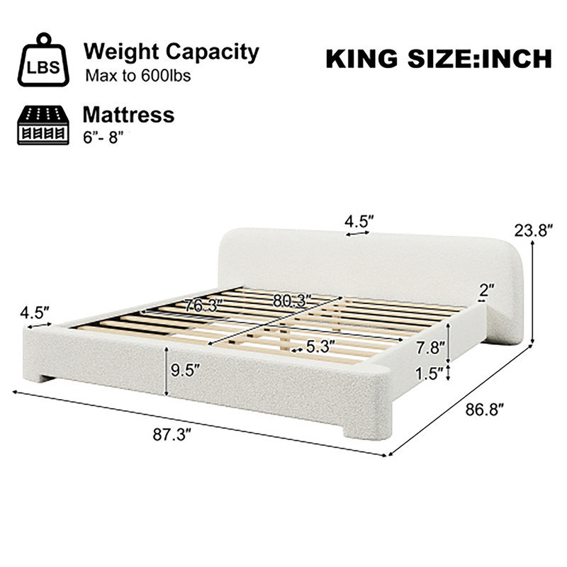 White Bouclé Upholstered Platform Bed, King