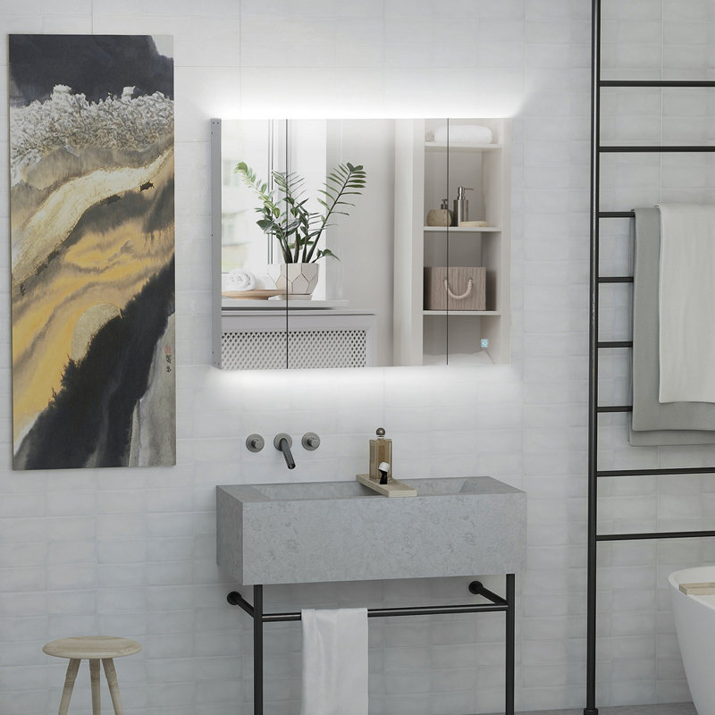 Armoire à pharmacie à DEL, organisateur de miroir de meuble-lavabo mural 35,5 po x 29,5 po avec gradateur tactile, trois portes et charge USB