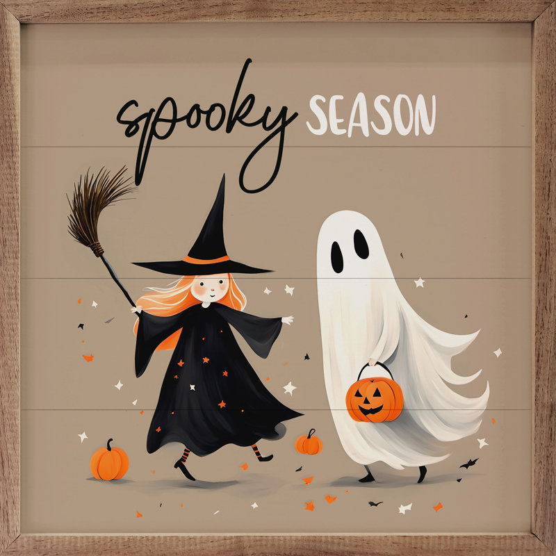 «Spooky Season Witch And Ghost Brown» sur bois, H 16 po x l 16 po