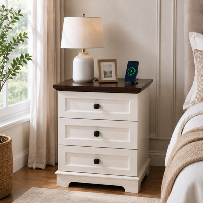 Farmhouse White Nightstand with Charging Station