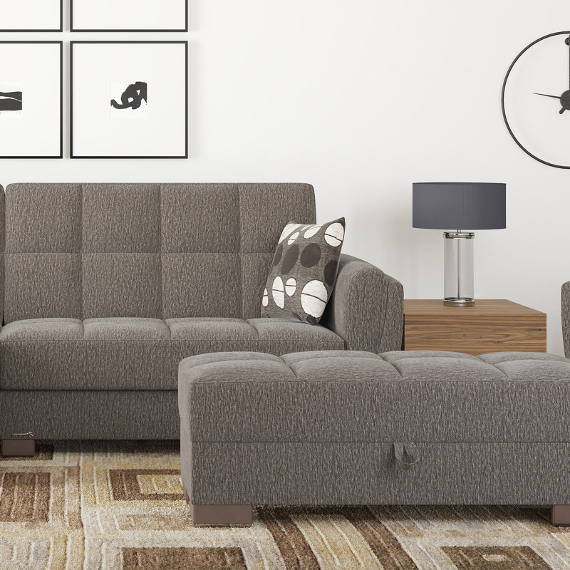Repose-pieds rembourré en tissu avec rangement Clemmer, Gris chenille