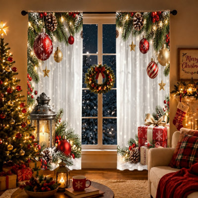 2Pcs Christmas Winter Scene Curtains, Festive Decorative Light Filtering Rod Pocket Window Drapes for Living Room Bedroom Kitchen, Holiday Decor, Festive Home Decor, Christmas Decorations, Wall Decor, Indoor Decor