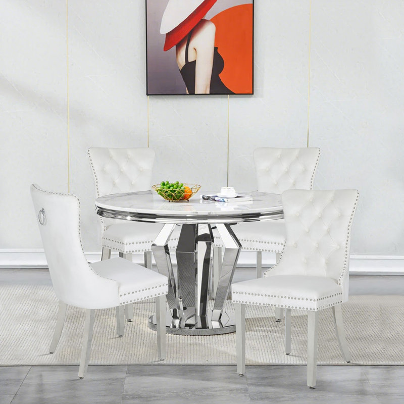 Chaises de salle à manger rembourrées avec dossier capitonné avec pieds en acier inoxydable, 4, Blanc, Argent argent