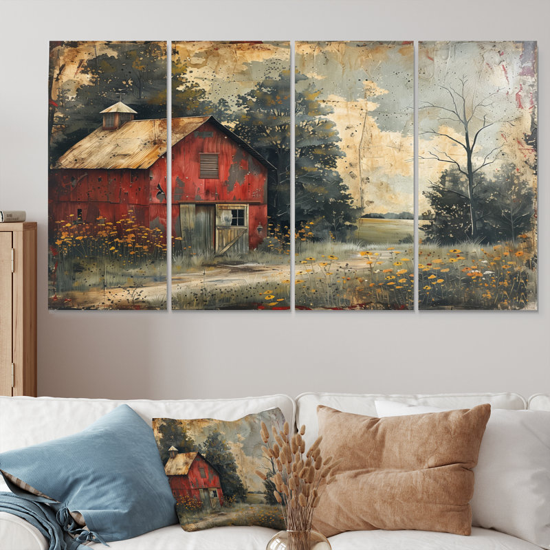 Ensemble d'art mural de grange rétro rouge et gris d'hiver, H 32 po x l 64 po