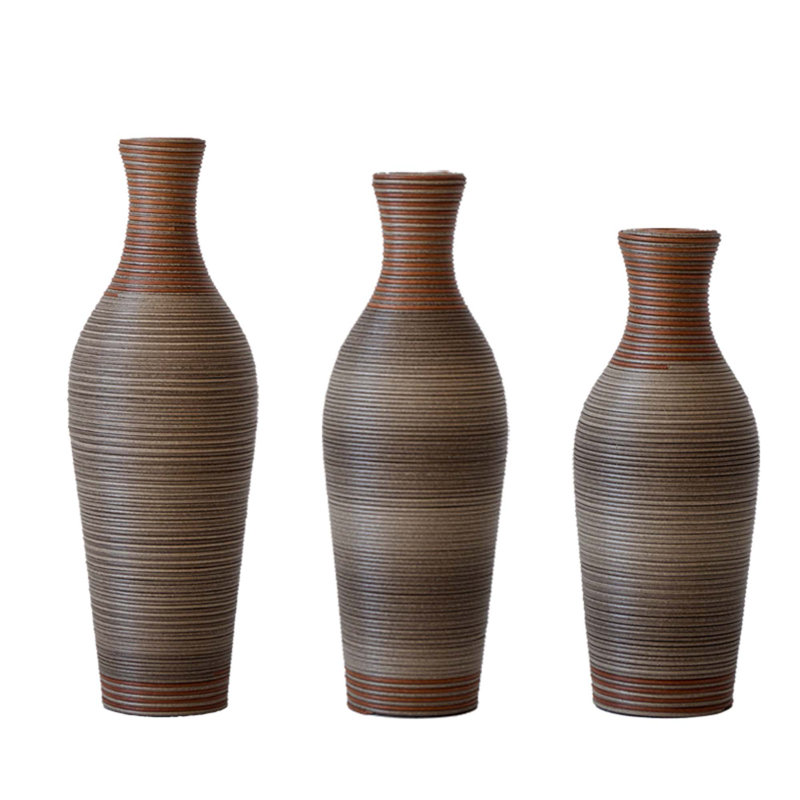 Set Of 3 Classic Decorative Floor Desktop Artificial Vase, High Independent Flower Stand, Brown/Gray
