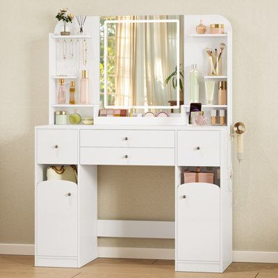 Dressing Table with Mirror, Vanity Table with Adjustable Brightness, Power Strip, 4 Drawers and 2 Open Cabinets, 5 Jewelry Hooks, Open Compartments
