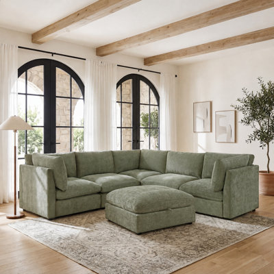 Parkton 6 Piece Chenille Upholstered Sectional Sofa, L-Shaped Modular Couch Sofa With Storage Ottoman For Living Room