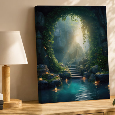 Toile, entrée de grotte mystique encadrée par des vignes vertes luxuriantes