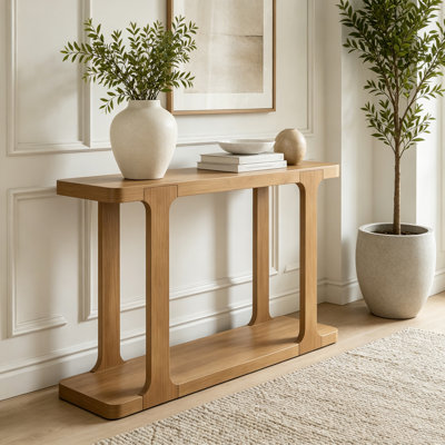 50" Minimalist Modern Console Table, Inlaid Assembly Design, Solid Wood Legs, Pine Veneer, Thick Tabletop & Bottom Shelf, Entryway Sofa Table