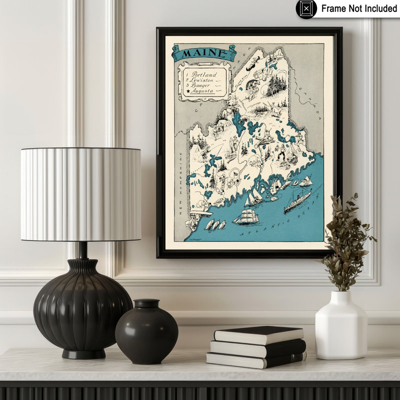 Carte illustrée du Maine, Sans cadre, Affiche, H 11 po x l 14 po