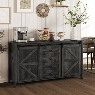 Farmhouse Sideboard Buffet Cabinet with Storage, 60" Kitchen Cabinet with 2 Sliding Barn Doors, 4 Drawers and 2 Adjustable Shelves, Rustic Coffee Bar