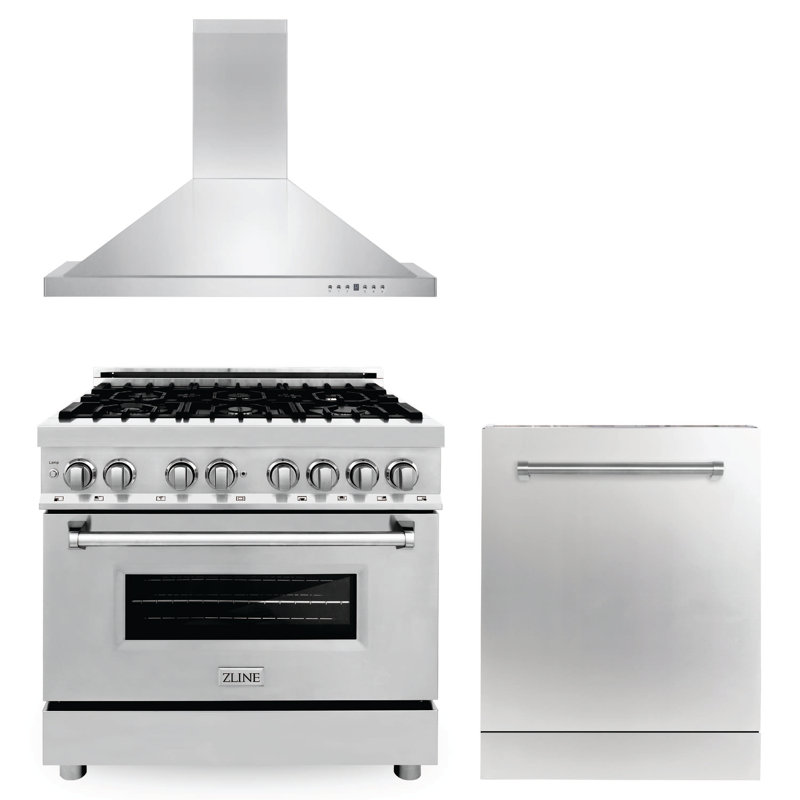 Zline 36" Stainless Steel Dual Fuel Range, Range Hood And Dishwasher
