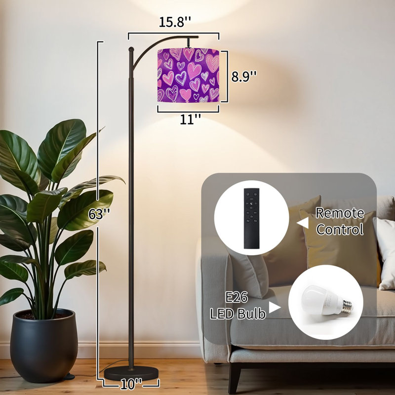 Lampe sur pied arquée avec abat-jour réglable, motifs de cœurs colorés, 3 températures de couleur, intensité variable, lampe sur pied avec interrupteur au pied pour chambre à coucher
