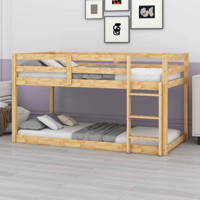Twin Over Twin Solid Rubber Wood Floor Bunk Bed – Ladder & Strengthened Slat Bed Platform