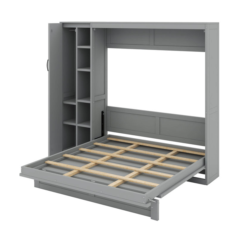 Grand lit escamotable mural avec tablettes, garde-robe et lumières DEL, Gris