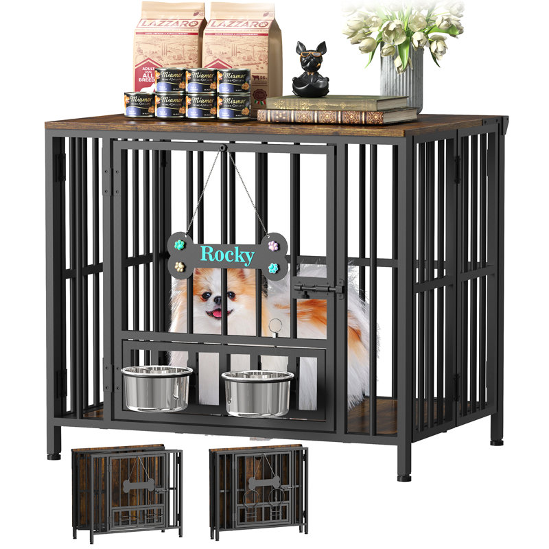 Large Foldable Dog Crate Furniture, Assembly-Free Dog Crate With Adjustable Bowls And Name Tag For Small, Medium, Large Dog