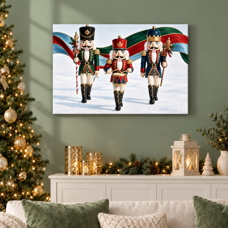 Art mural sur toile, "Trois casse-noisettes colorés dans la neige", H 20 po x l 30 po