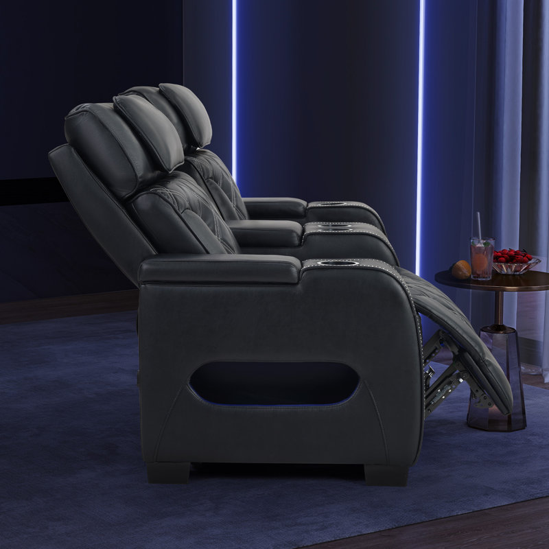 73" Wide Top Leather Power Reclining Loveseat With Adjustable Headrest And Ambient Arm Lighting, Black