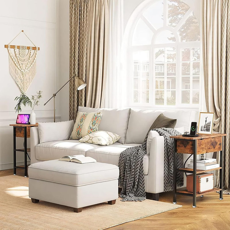 Flip Top End Table With Hidden Charging Station - 12" D×21" W×26" H Small Side Tables With Storage & Shelves, Compact Side Table For Small Spaces, Slim End Table With Charging Station, Brown
