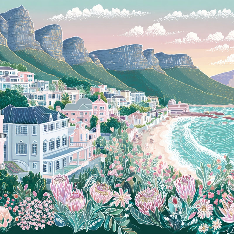 «Pastel Coastal Village and Mountain Shoreline», art mural sur toile tendue, 20"W x 20"H x 1.5"D