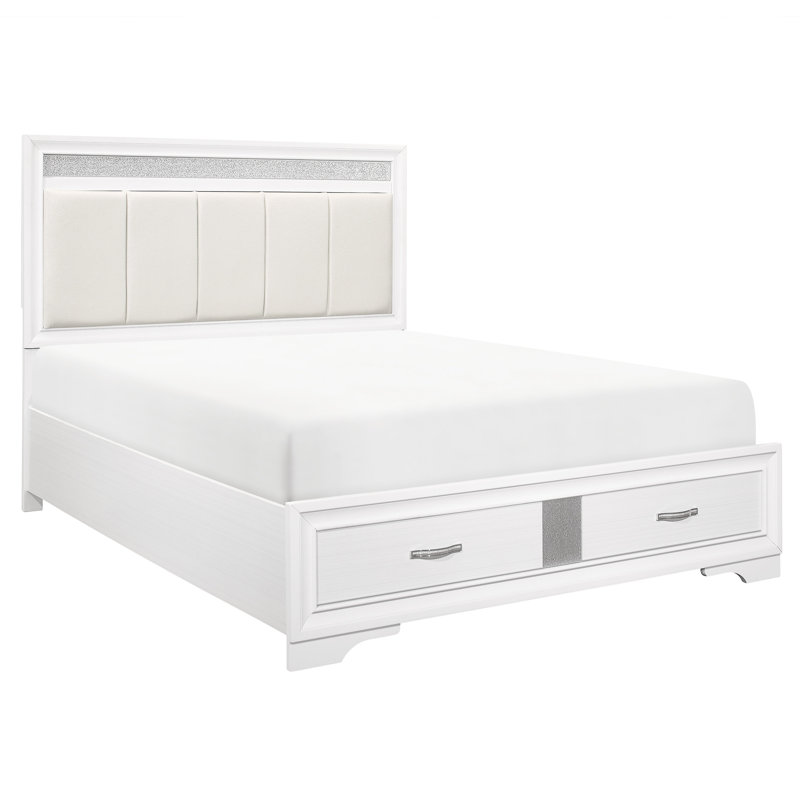 Lit plateforme grand moderne avec tête de lit tapissier en similicuir et rangement, finition blanche, paillettes argentées, tête de lit en bois glamour, tiroirs de rangement, fabrication, utilisation