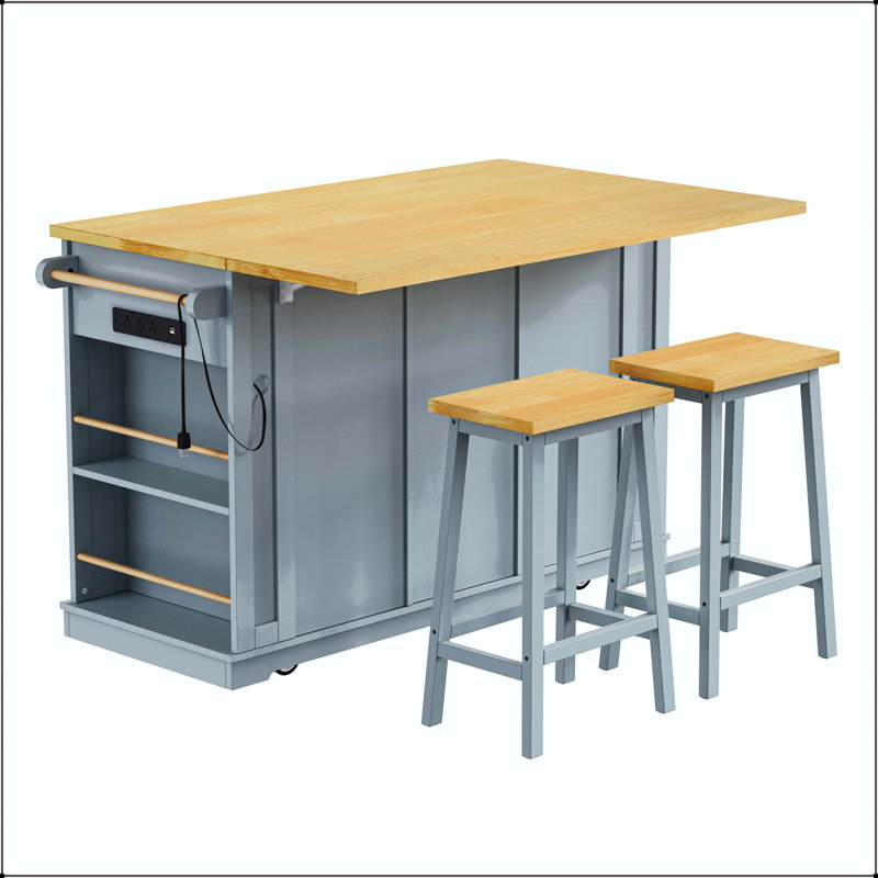 53" Large Kitchen Island with 2 Bar Stools, Power Outlet, and Internal Door Racks – Grey Blue, Grey-Blue