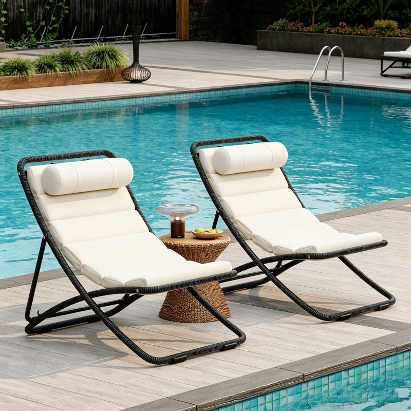 Outdoor Folding Chair, Patio Lounge Chair With Cushion, Black