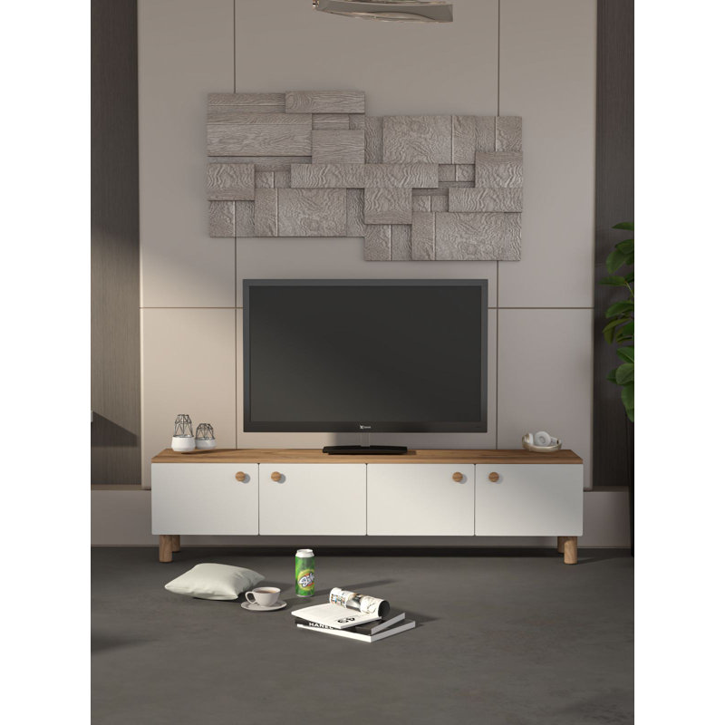Modern TV Stand with Numerous Shelves, Atlantic Pine & White Finish, 70.9 x 18.5 x 13.8 inches | 100% Melamine Coated Chipboard, Thickness: 0.7 inches | Wall-Mountable, Scandinavian Design for Stylish Living Spaces