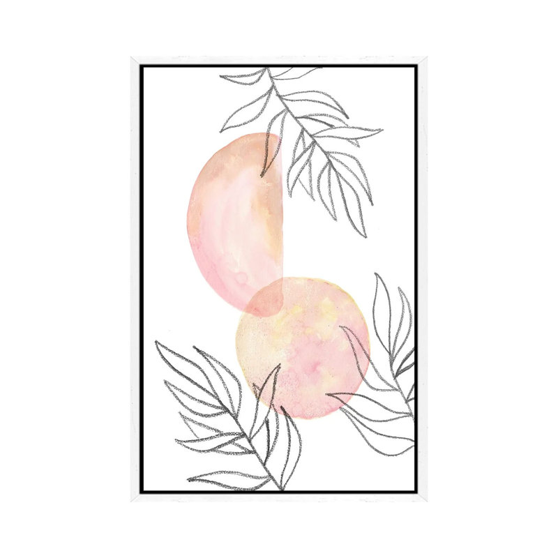 Blush Pink Shapes And Leaves by Whales Way - Painting on Canvas, 101.6cm H x 66.04cm W x 3.81cm D, White Framed