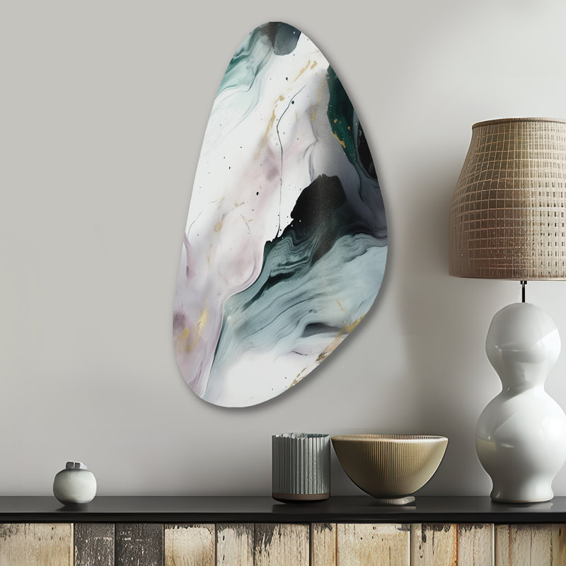 Green And White Contemplative Abstraction II - Asymmetrical Abstract Marble Metal Wall Decor, Irregular Shape Metal Wall Sculpture Print