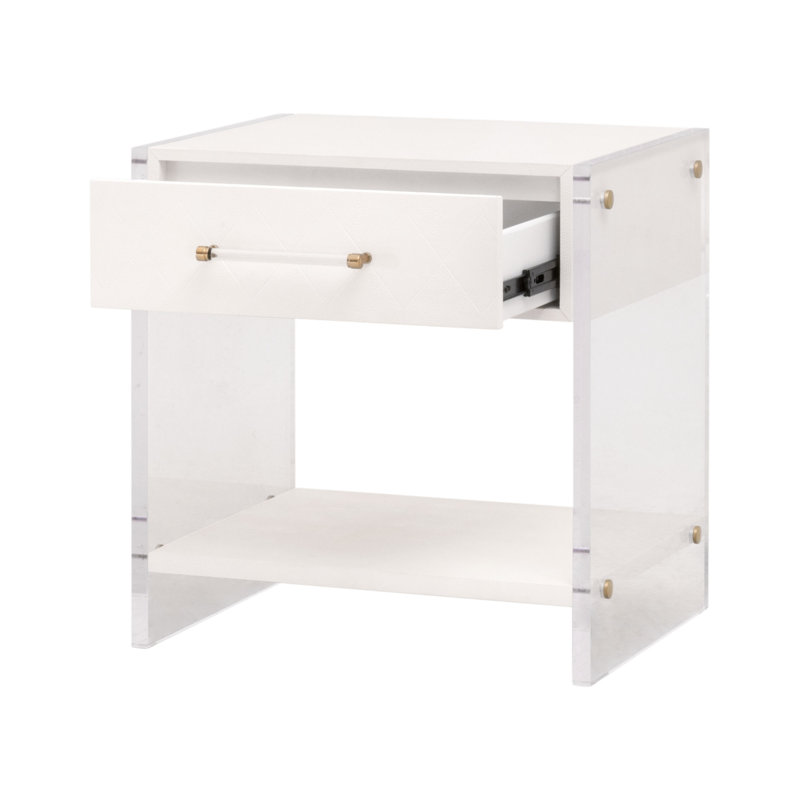 Pearl White Faux Shagreen Resin Nightstand with Clear Acrylic Sides