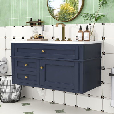 Meuble-lavabo mural moderne avec lavabo en céramique, portes à fermeture douce et grand espace de rangement