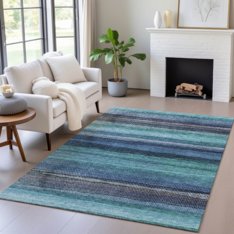 Tapis bleu sarcelle lavable à la machine intérieur / extérieur Xhevrie, Rectangulaire 3 pi x 5 pi