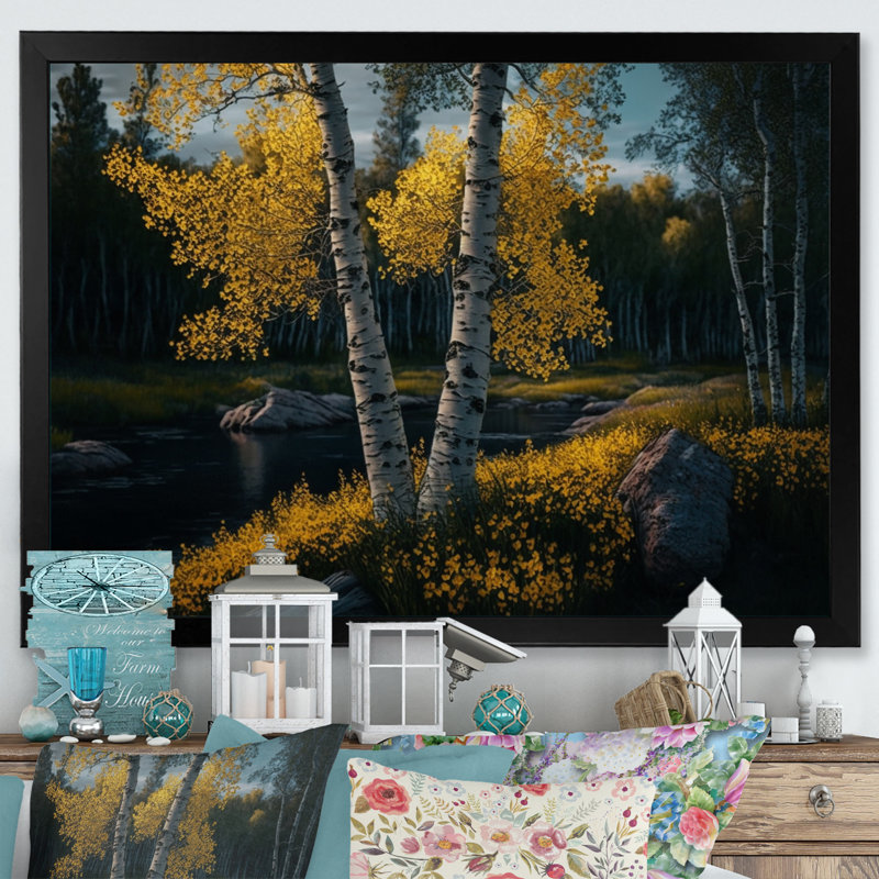 «Blossoming Birches on a Sunny Lake Day IV» - reproduction, H 30 po x l 40 po x P 1,5 po, Cadre photo noir