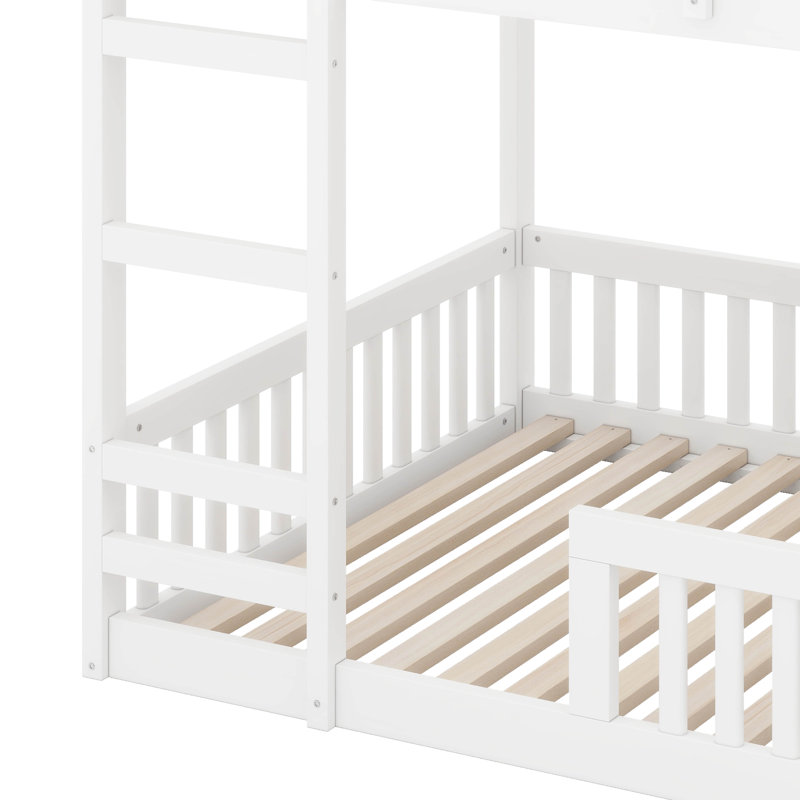 Full Over Full Wood Bunk Bed With Ladder Guardrails, White