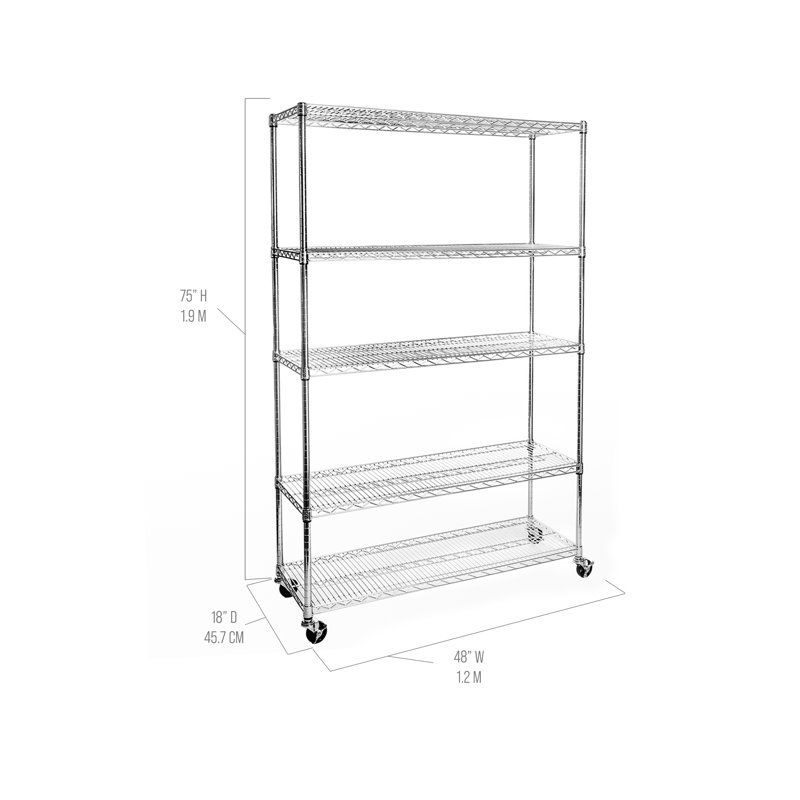 Durable 5-Tier NSF-Certified Steel Shelving with Wheels, 75" H x 48" W x 18" D, Steel
