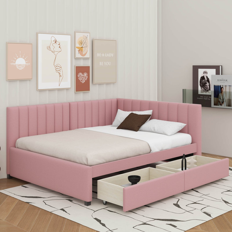 Full Size Upholstered Daybed With Storage Drawers, Pink