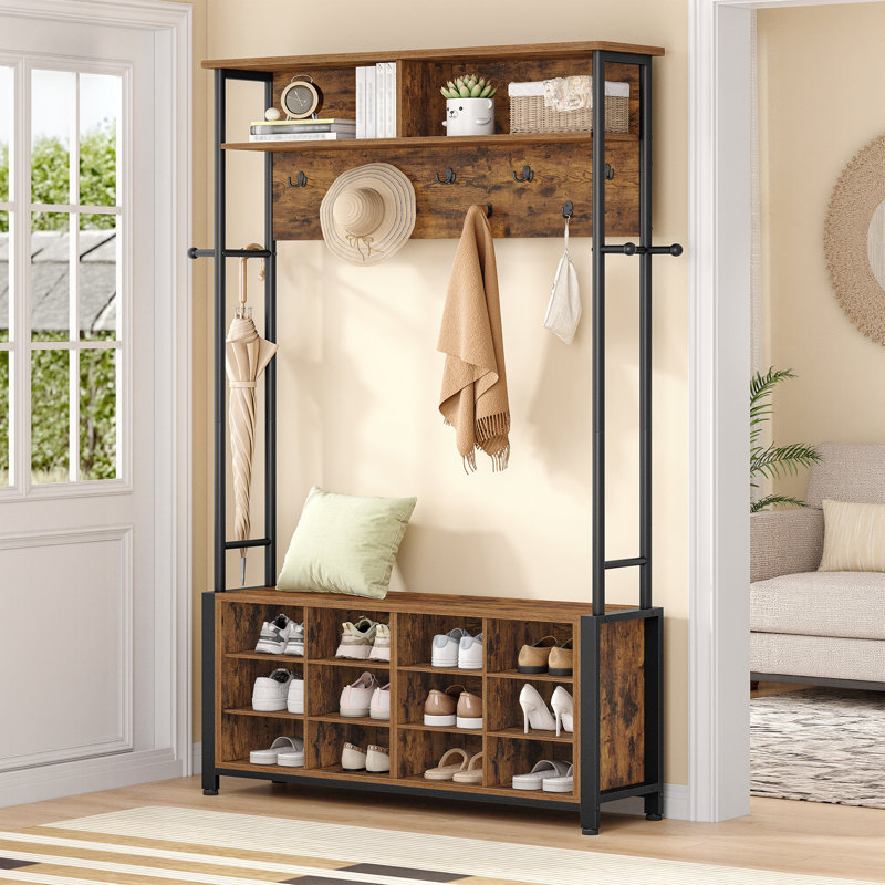 Coat Rack with Shoe Storage, Hall Tree with Bench for Hallway, 14 Open Compartments, Coat Stand with Adjustable Shelves, 13 Hooks, Top Storage for Living Room, Entrence 