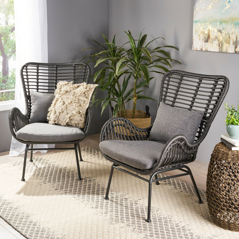 Ensemble de 2 chaises de patio en osier avec coussins Tapscott, Gris