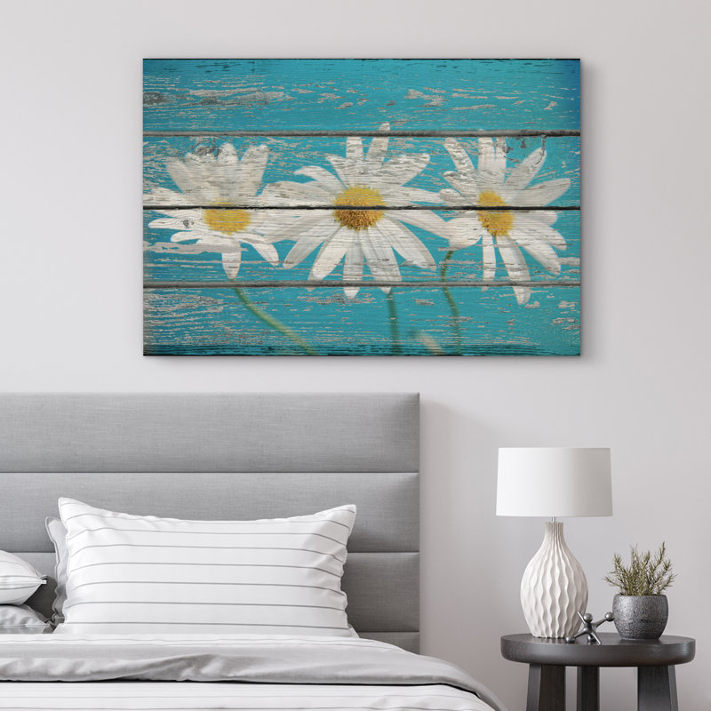 Art rétro sur toile effet fleurs de marguerite rétro sur fond en bois, H 32 po x l 48 po, Wrapped Canvas