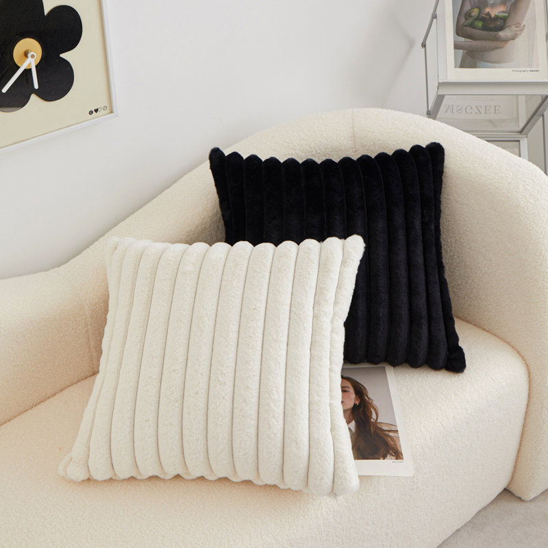 (Covers With Inserts ) One Cream & One Black Throw Pillows FULL set  18"x18" Faux Fur