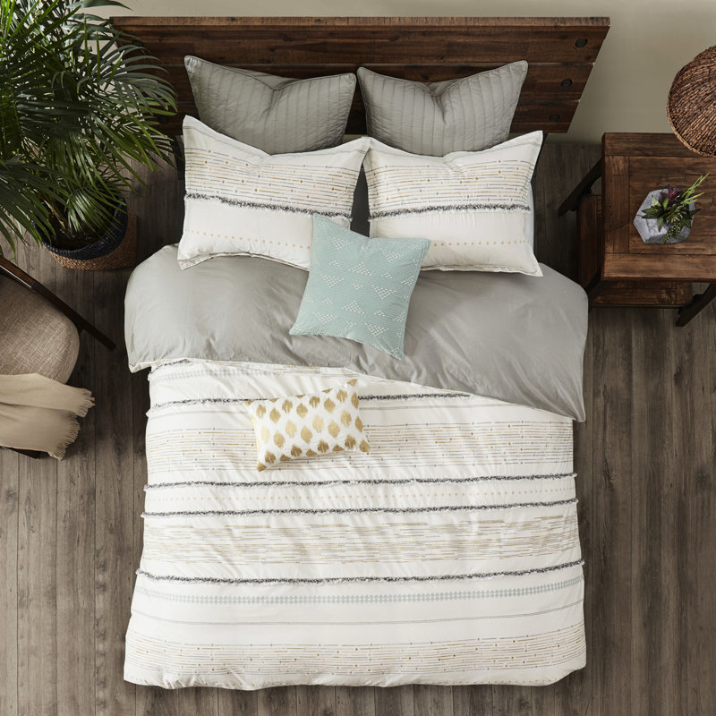 Housse de couette imprimée en coton pour grand lit - avec garnitures et pampilles et rayures