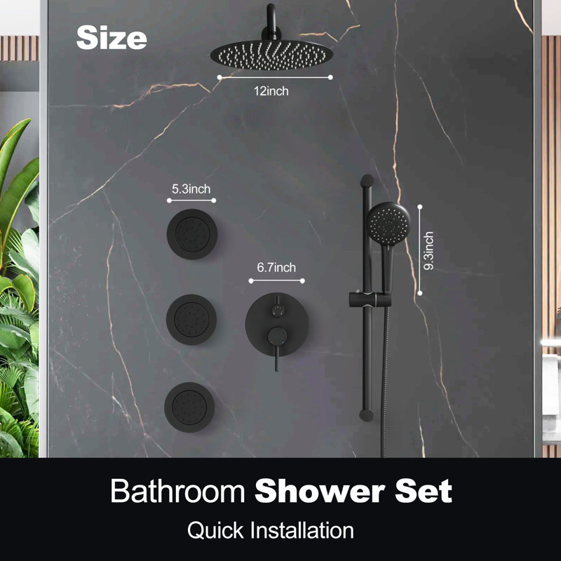 Shower System With 3 Body Jets,12 Inch Wall Mounted Round Rainfall Shower Set Rain Shower Head And Handheld Spray