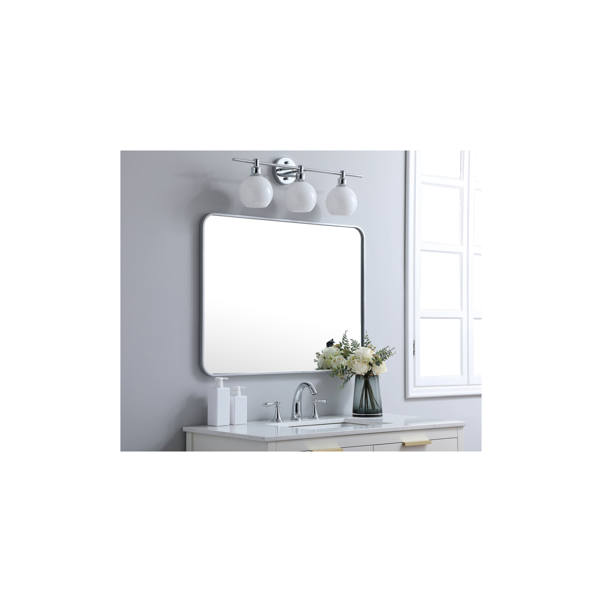 Sabine Metal Rounded Rectangle Wall Mirror, 36" x 27", Silver