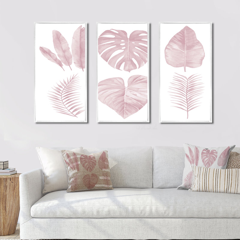 «Tropical Pink Watercolor Leaves I», peinture sur toile flottante 3 pièces, L 36 po x H 28 po, Cadre blanc