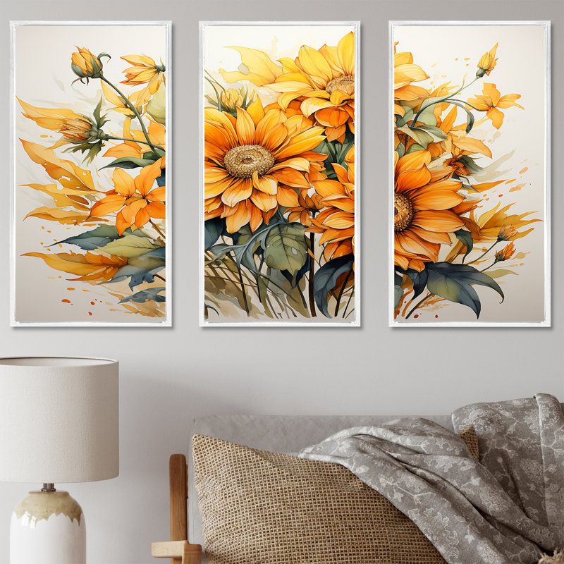 Tournesols, minimalisme, ensemble d'art sur toile, H 40 po x l 60 po x P 1 po, Cadre flottant blanc