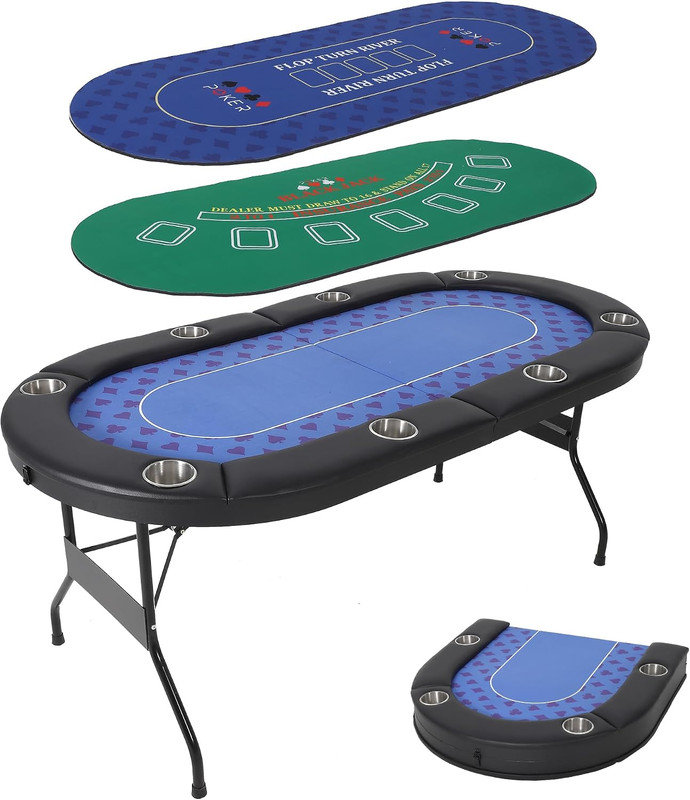 Table de poker pliable pour 8 joueurs avec 2 tapis interchangeables (Texas Hold'em et Blackjack), table de casino pliable avec porte-gobelets et rails rembourrés