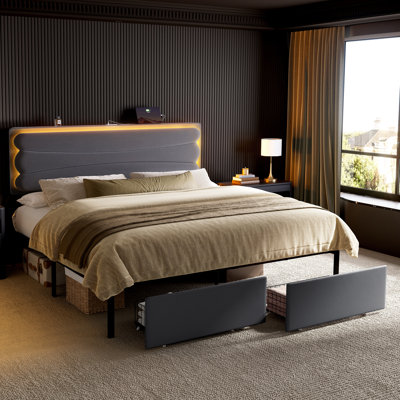 Upholstered King Bed with 2 Storage Drawers,Velvet Storage Bed with LED Light and Charging Station,No Spring Boxing Needed