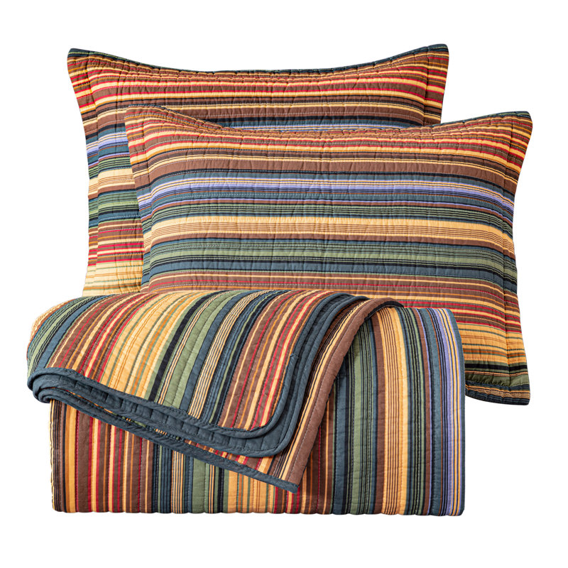 Queen Multi-Color Striped Cotton Reversible Quilt Set