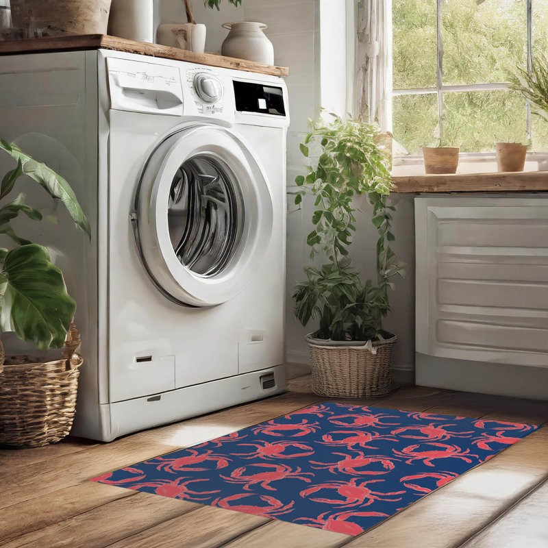 Tapis de blanchisserie antidérapant Crabby, L 61 po x H 6,5 po, Imprimé animal bleu marine